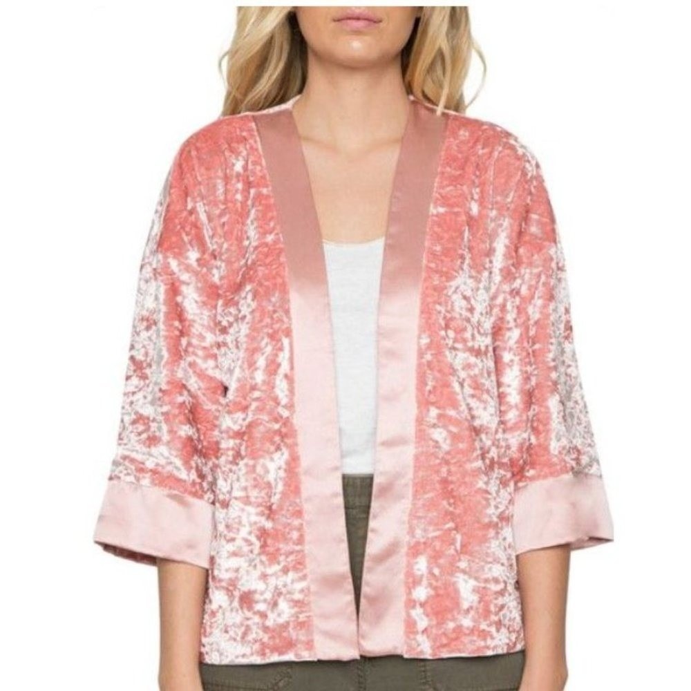 Anthropologie Willow & Clay Crushed Velvet Kimono Jacket Pink XS S Boho‎ NWOT